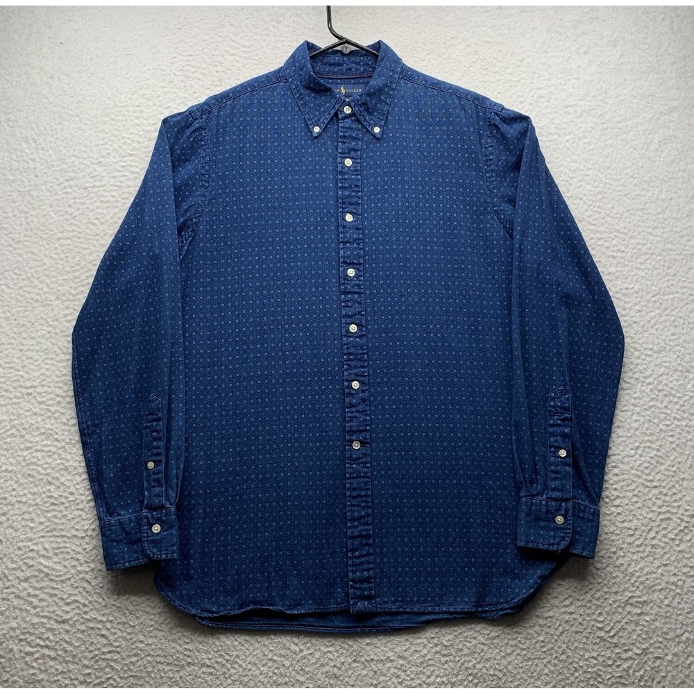Ralph Lauren Indigo Oxford Shirt Mens Large L Blue Geometric Print Preppy Casual